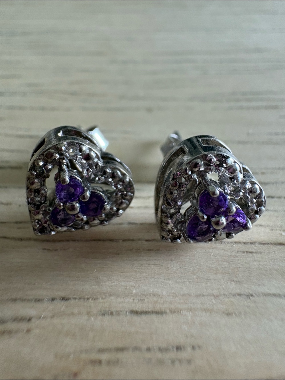 JTV Silver Heart Stud Earrings with amethyst Purple Stones